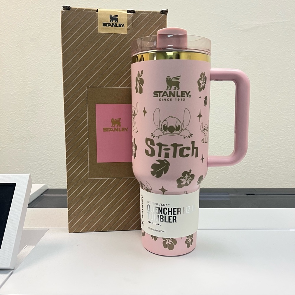Stanley Pink Stitch Floral Travel Tumbler with Gold Accents